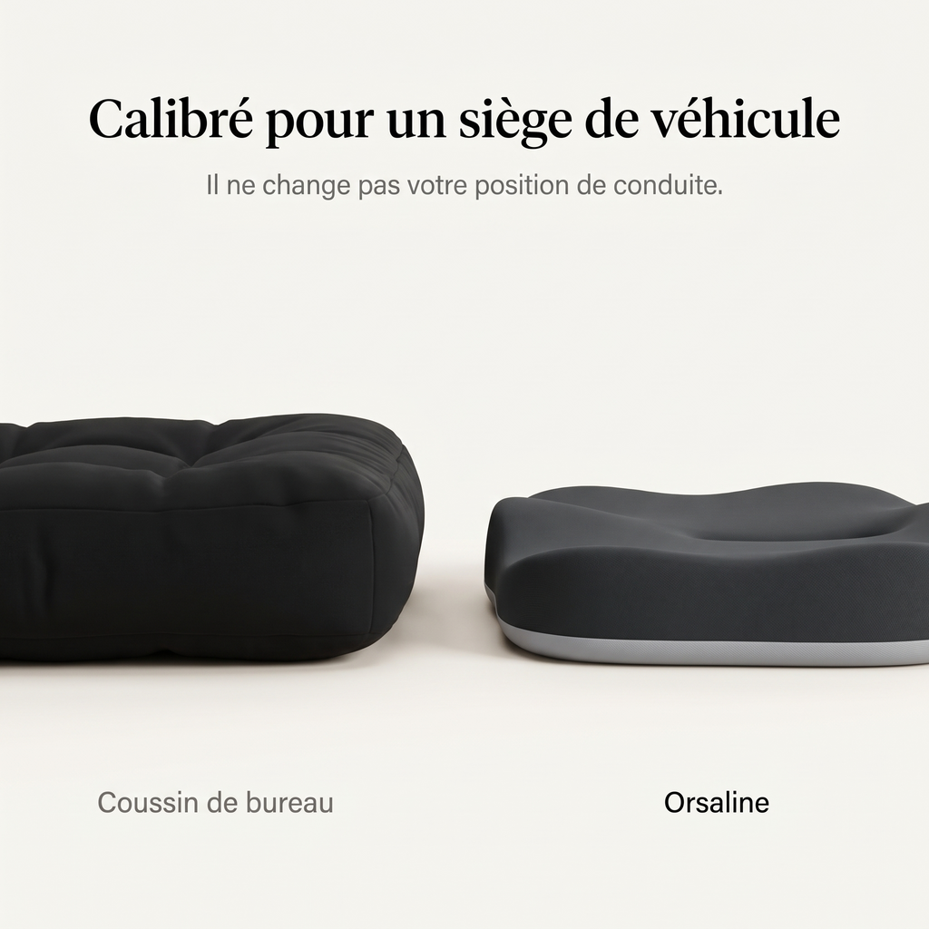 Comparatif d'épaisseur de profil : coussin de bureau épais contre coussin Orsalina calibré pour un siège de véhicule