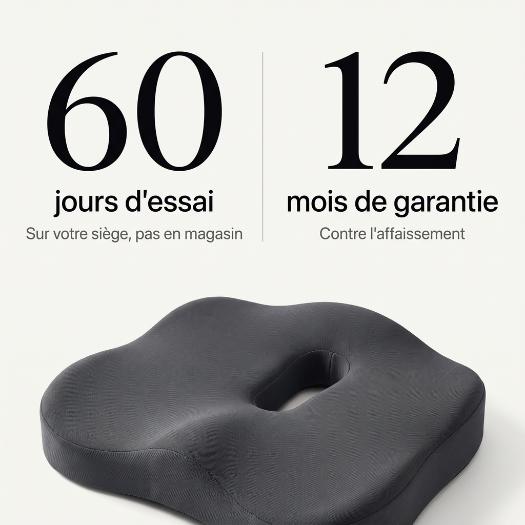 60 jours d'essai sur votre siège et 12 mois de garantie contre l'affaissement