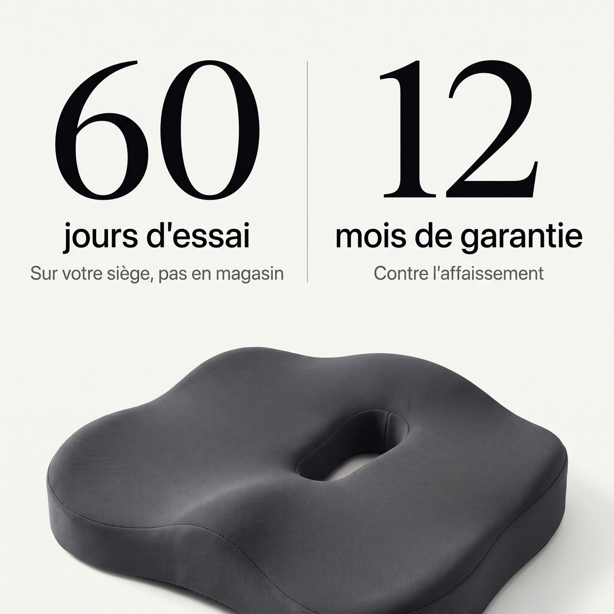60 jours d'essai sur votre siège et 12 mois de garantie contre l'affaissement