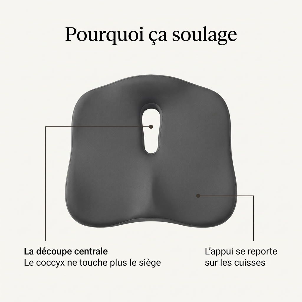 Pourquoi ça soulage : la découpe centrale libère le coccyx, l'appui se reporte sur les cuisses