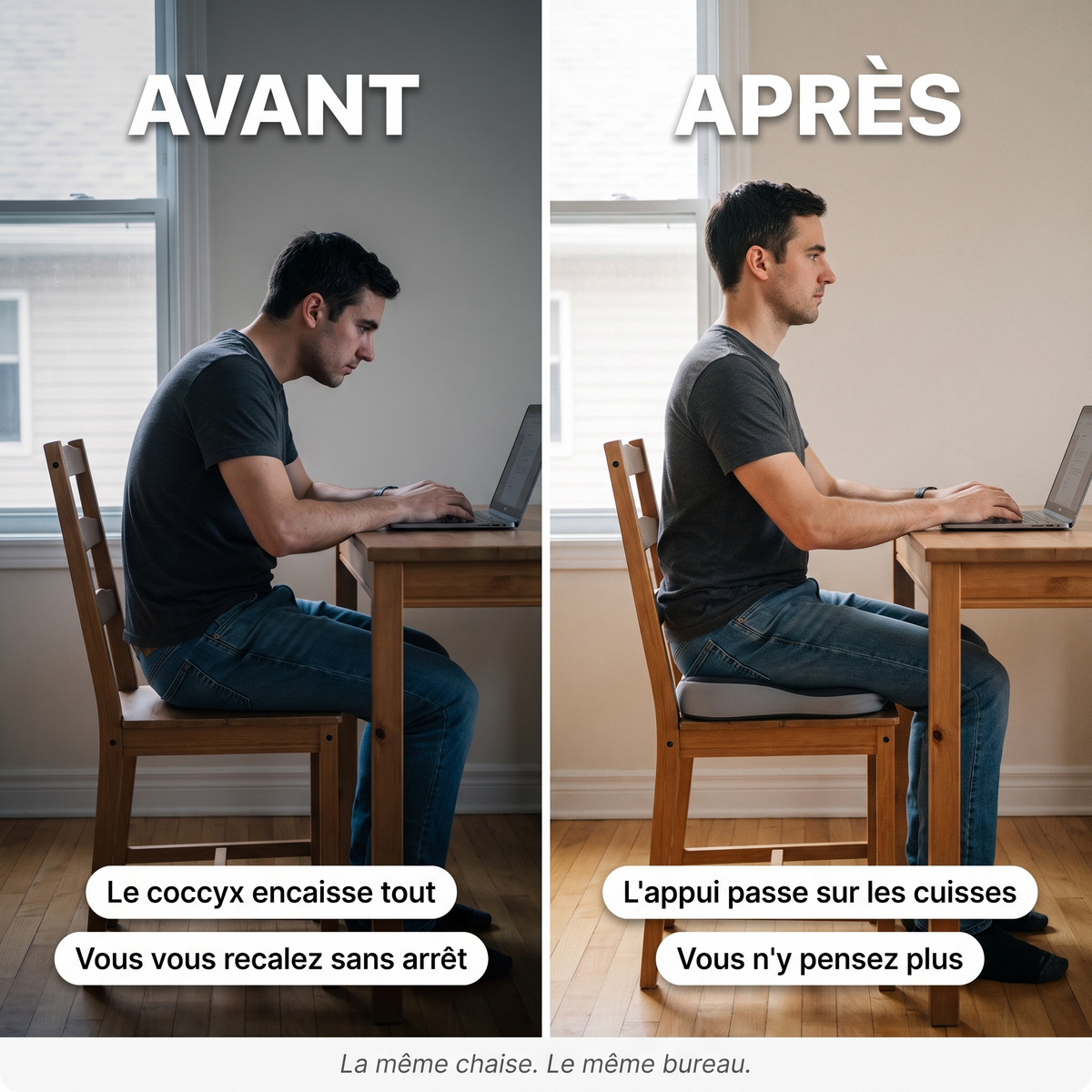 Avant et après : dos rond sans coussin, assis droit avec le coussin Orsalina