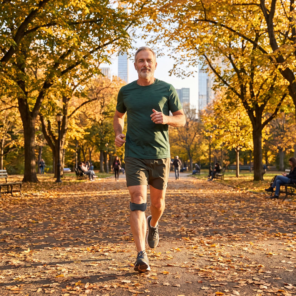 Homme qui court dans un parc en automne avec la sangle rotulienne