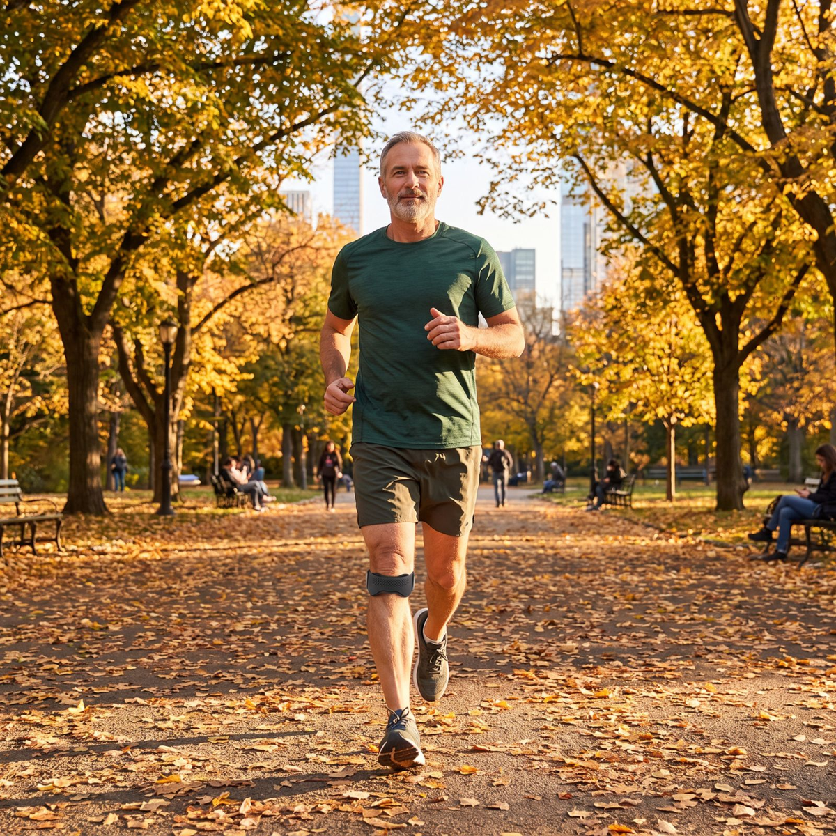 Homme qui court dans un parc en automne avec la sangle rotulienne