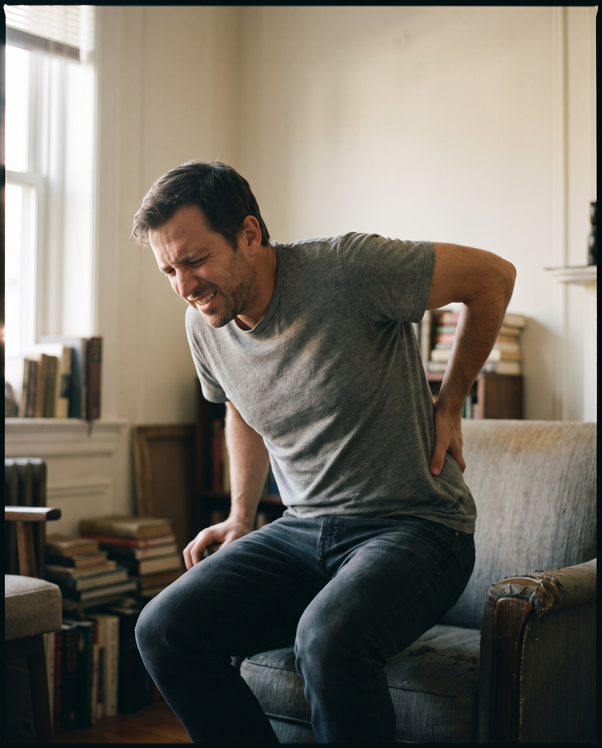 Homme se relevant d'une chaise, une main sur le bas du dos