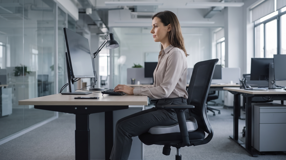 Femme travaillant à son poste dans un bureau open space, assise sur le coussin Orsalina
