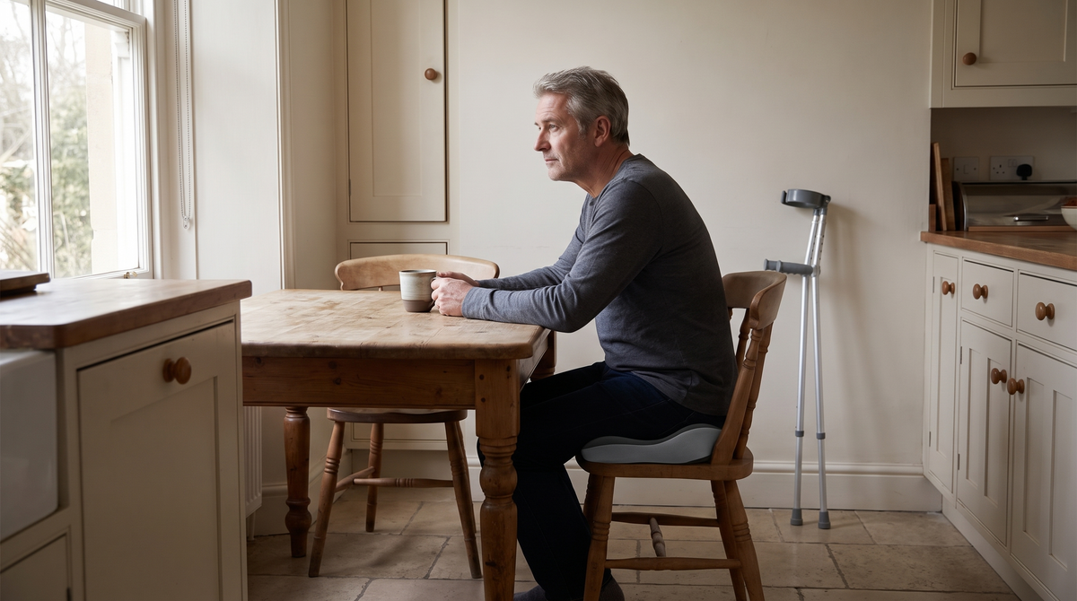 Homme assis à une table de cuisine sur le coussin Orsalina, une béquille contre le mur